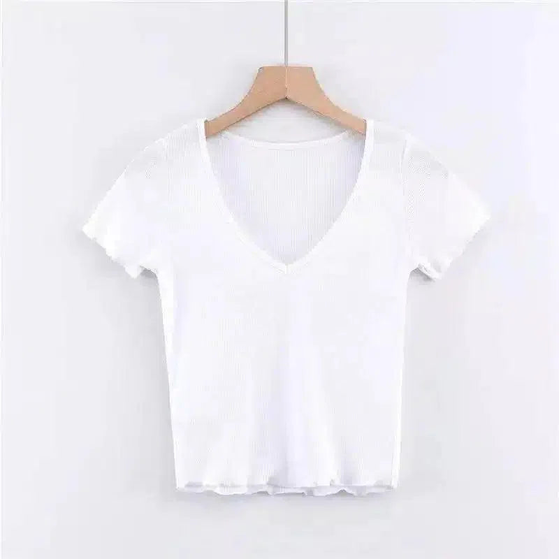 Women's Fitted V-Neck Ribbed Tee-White-6