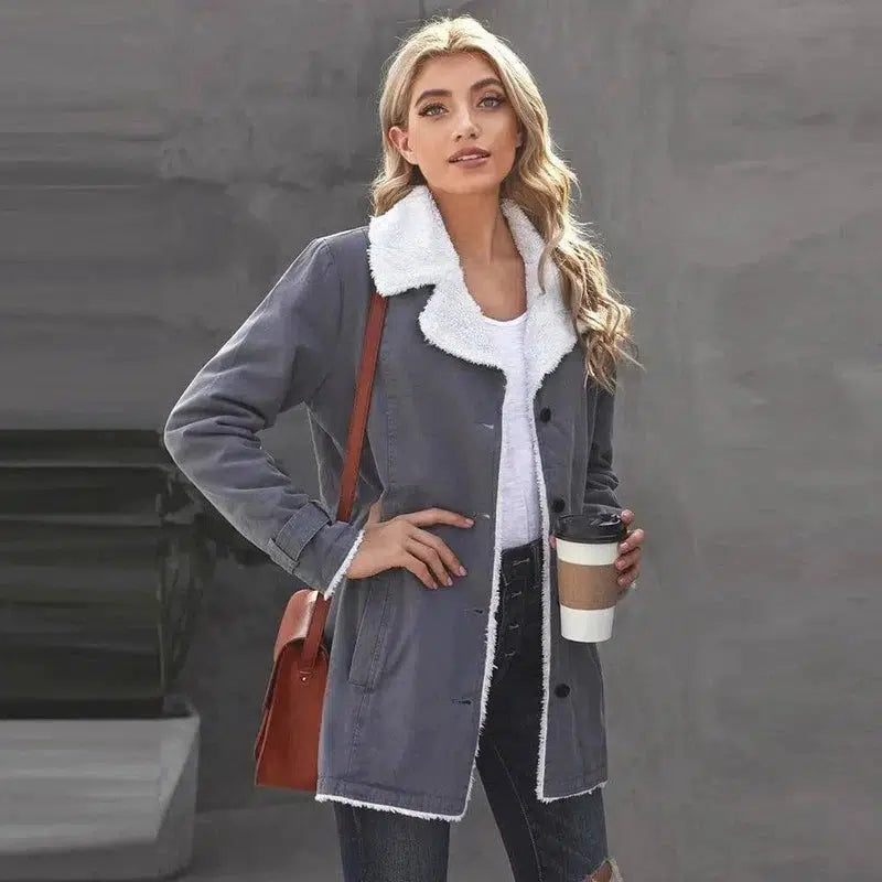 Velvet Coat Women Cross-border Mid-length Lapel Cotton-Grey-2