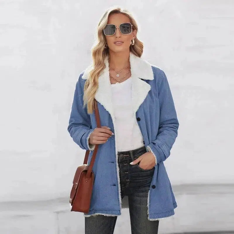Velvet Coat Women Cross-border Mid-length Lapel Cotton-Light Blue-3