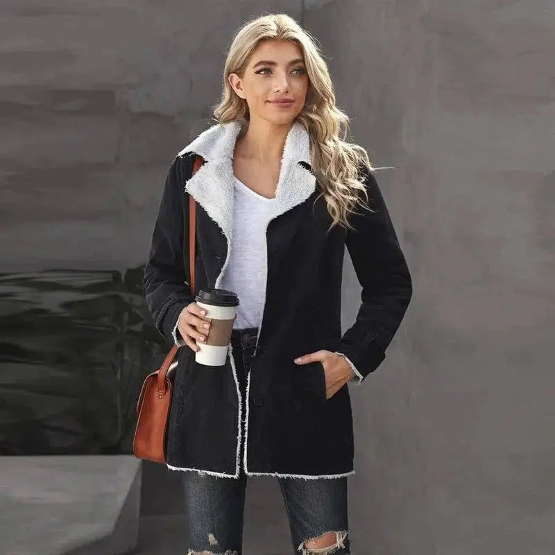 Velvet Coat Women Cross-border Mid-length Lapel Cotton-Black-4