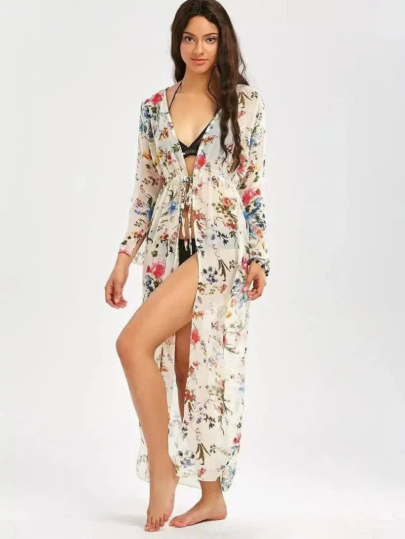 Floral Print Lightweight Women's Kimono Robe-Beige-1