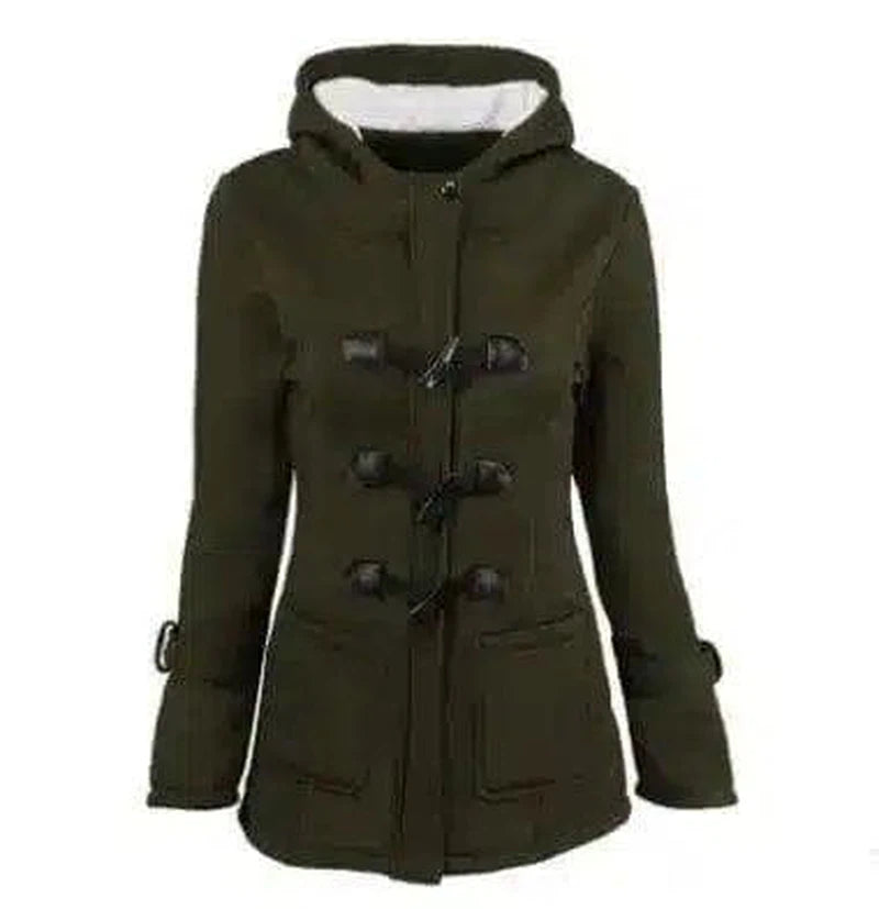 warm winter fur collar jackets women new horn button Long-Green-2