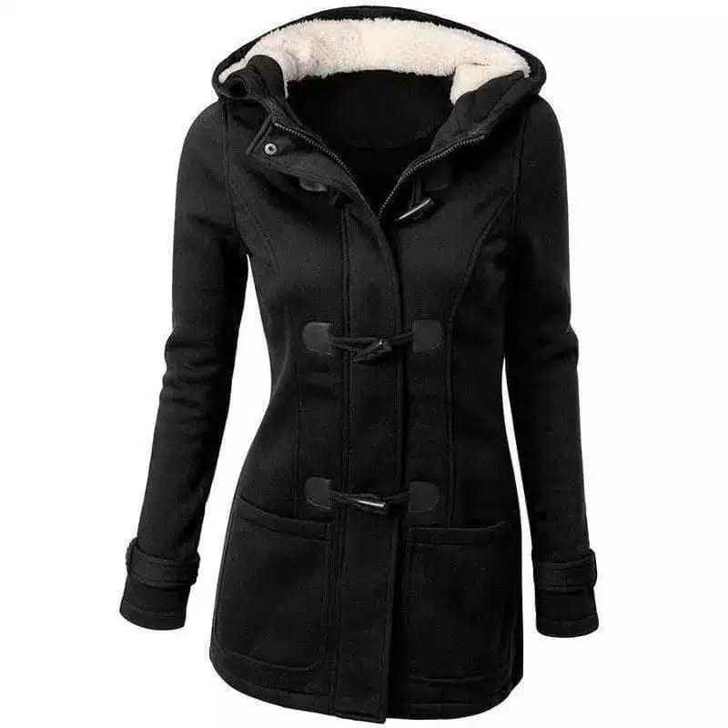 warm winter fur collar jackets women new horn button Long-Black-4