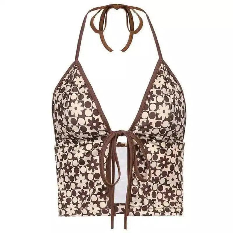 Halter Neck Tie-Front Crop Top for Women-Brown-2