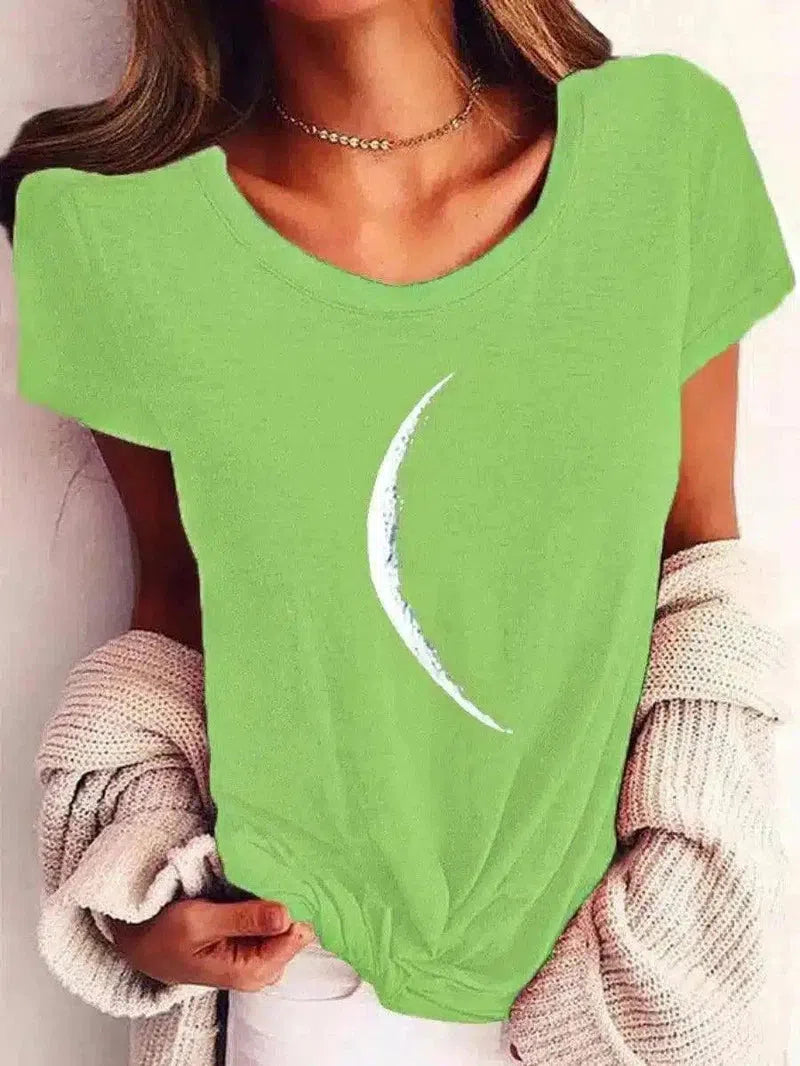 Crescent Moon Print Casual Women's Tee-Light green-8