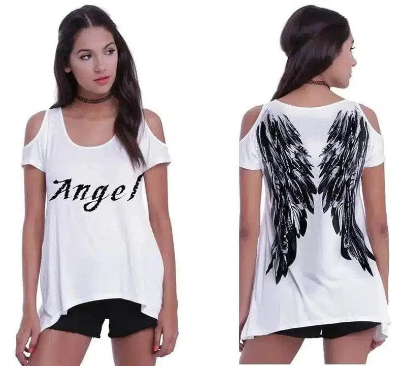 Women's Angel Wing Cutout Shoulder Tee-White-2