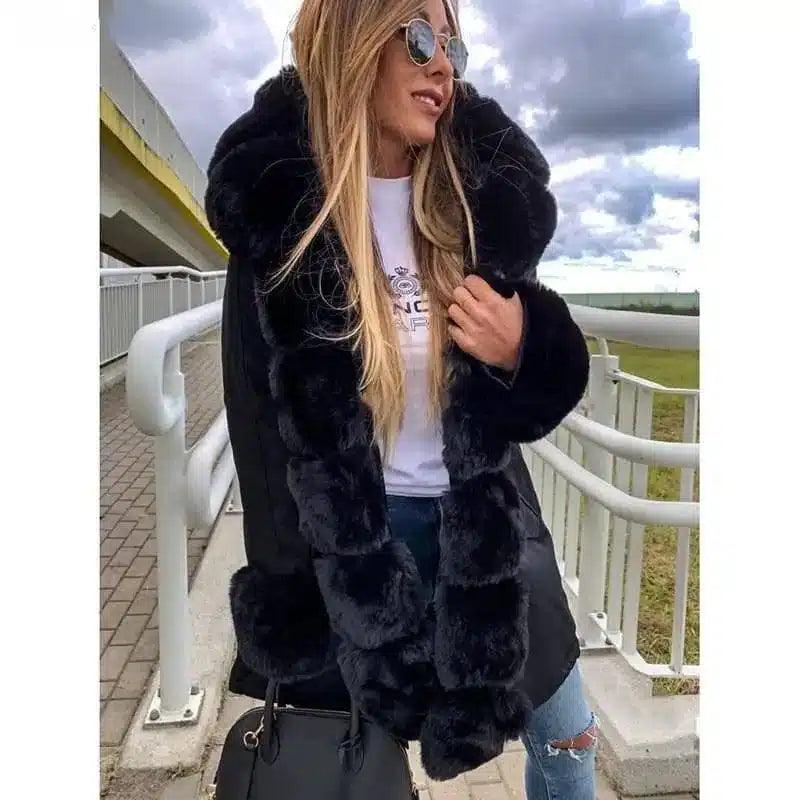 Winter mid-length pie overcoming thick fur collar furry coat-Black-5
