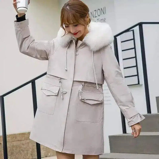 Women's Faux Fur Collar Winter Coat with Pockets-White-1