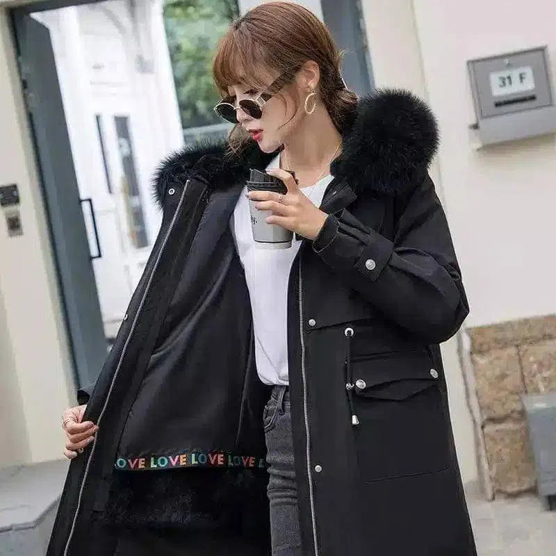 Women's Faux Fur Collar Winter Coat with Pockets-Black-2