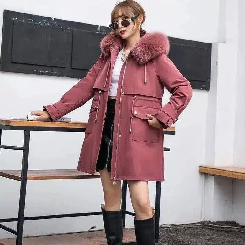 Women's Faux Fur Collar Winter Coat with Pockets-Bean paste-3