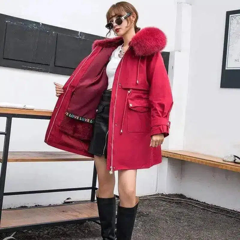 Women's Faux Fur Collar Winter Coat with Pockets-Red-4