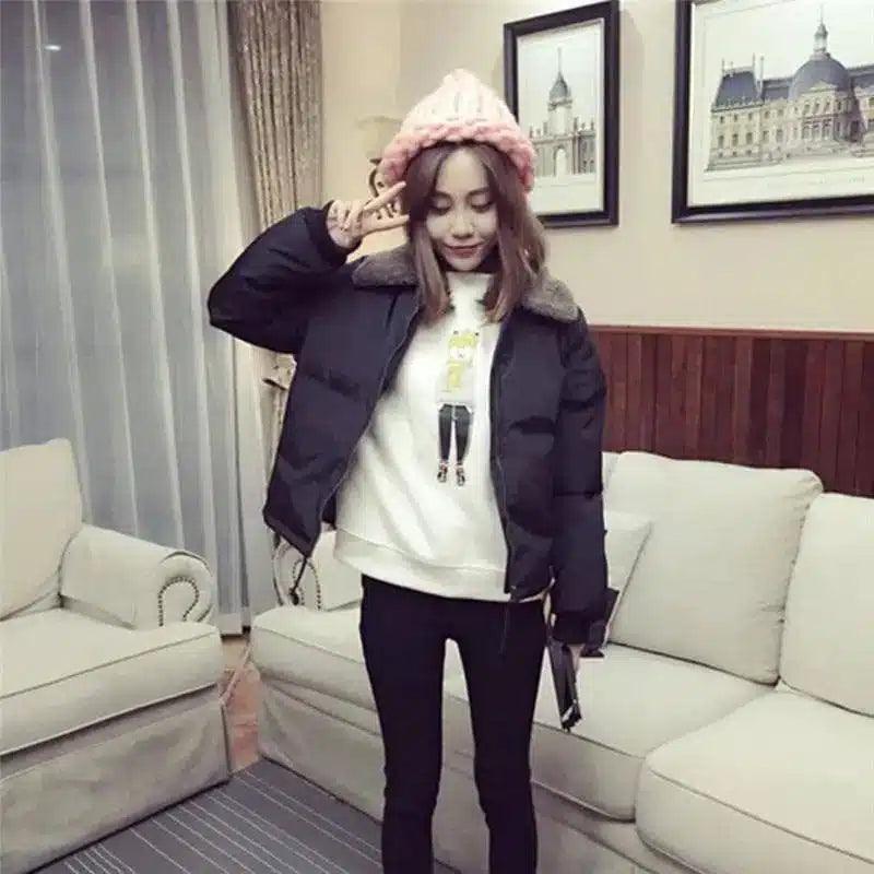 Women Outerwear Autumn Winter Coat Korean Style Lambs Collar-Black-2