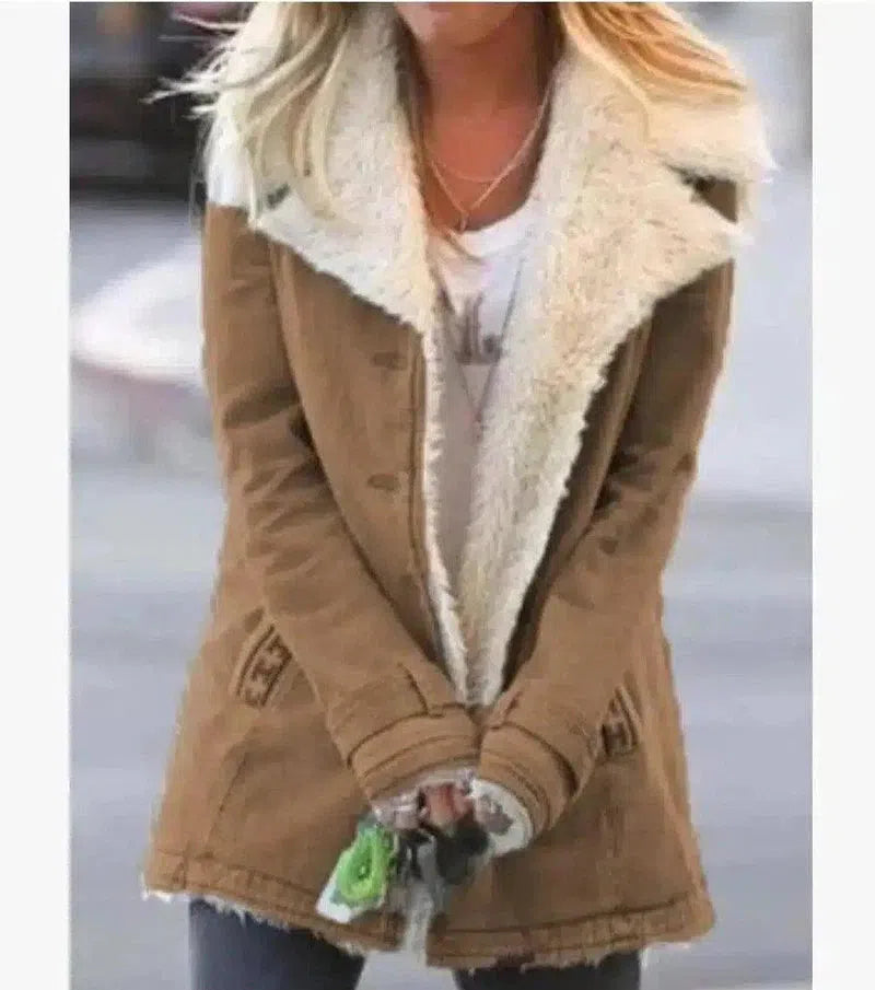Women's Fleece-Lined Denim Jacket-Khaki-10