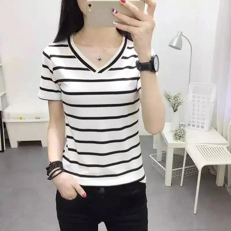 Stylish Black White Striped T-Shirt for Women-White-2