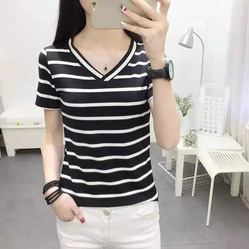 Stylish Black White Striped T-Shirt for Women-Black-3