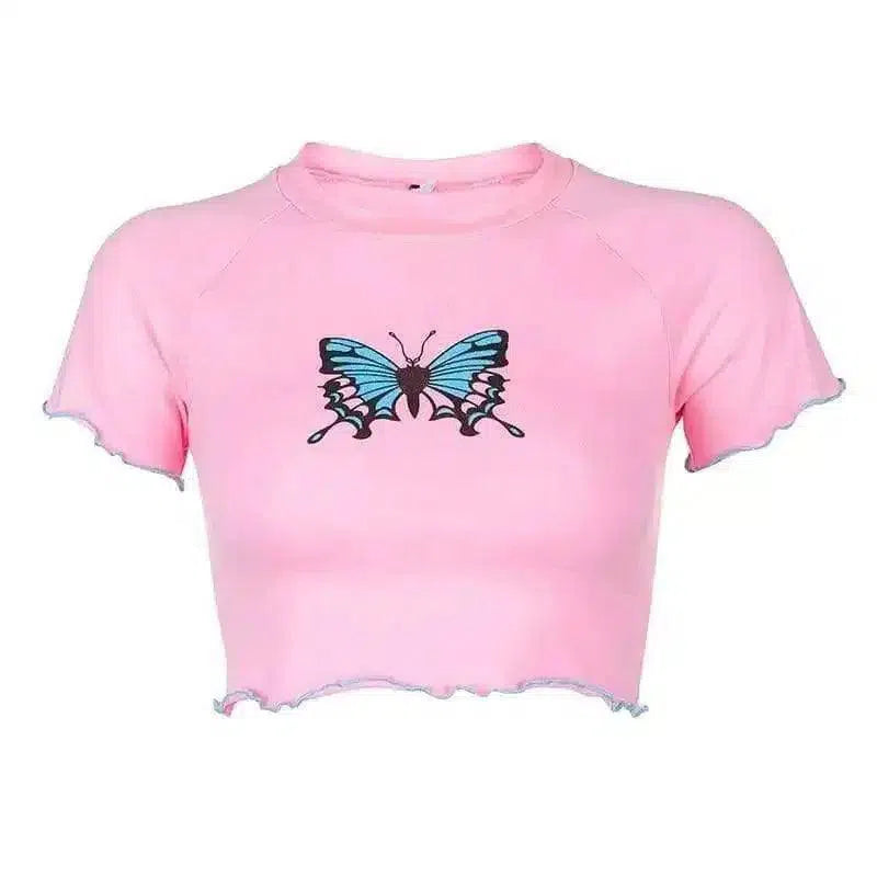 Women's Butterfly Print Crop Top T-Shirt-Pink-2