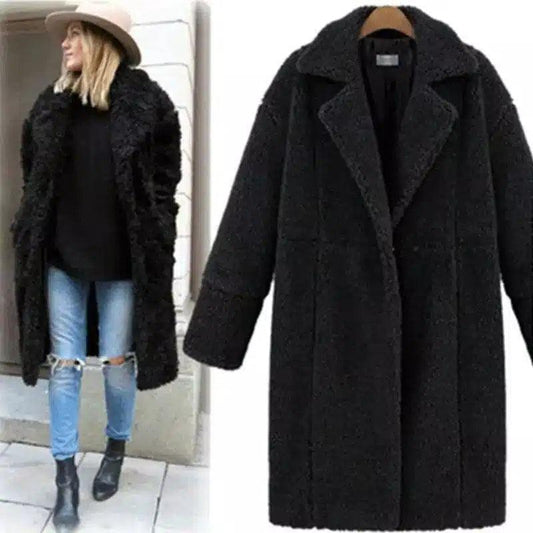 women's cashmere long-sleeved solid color long coat-black-1