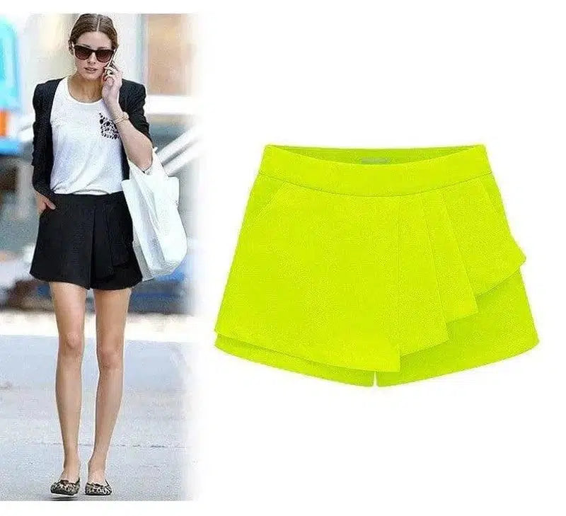 Women's Casual Shorts - Mid-Waist Slim Ruffled Skirt.-Yellow-9