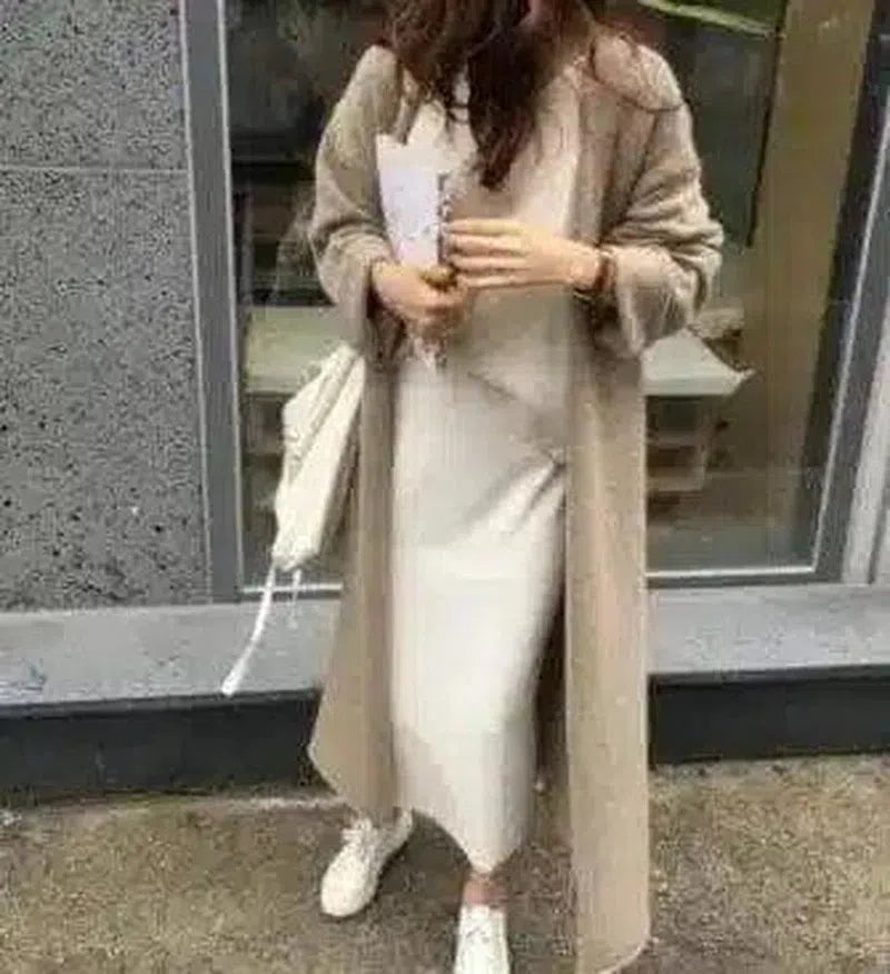 Womens Long Sleeve Maxi Dress with Belt-Khaki-2
