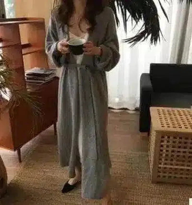 Womens Long Sleeve Maxi Dress with Belt-Grey-3