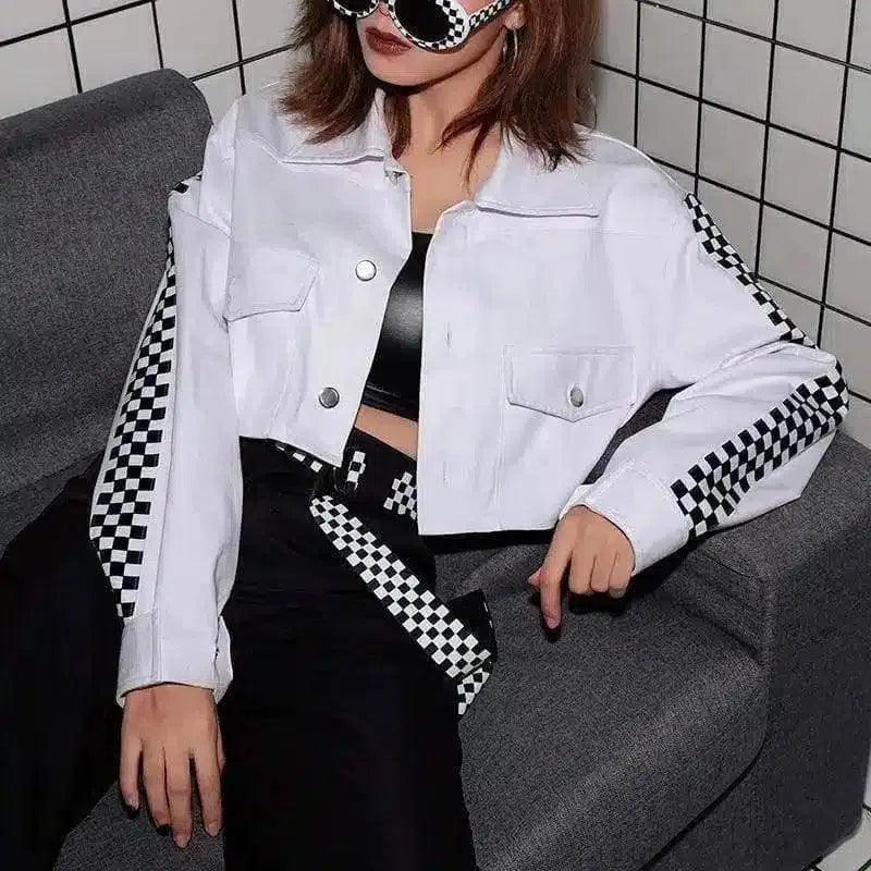 Checkered Sleeve Cropped Denim Jacket-white-1