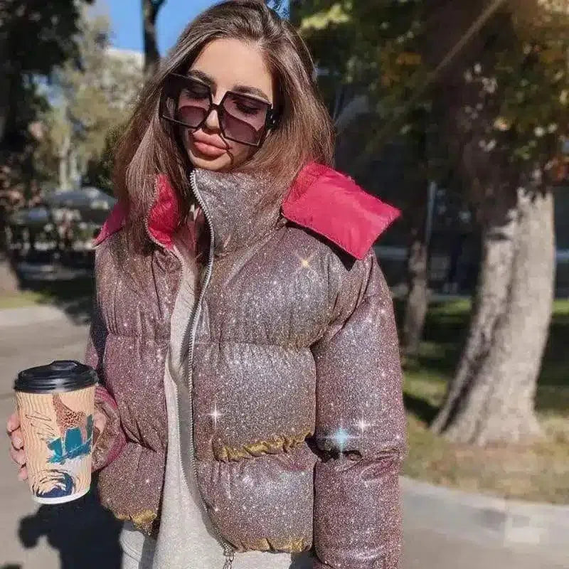 Women's Insulated Winter Jacket with Hood-Pink-1
