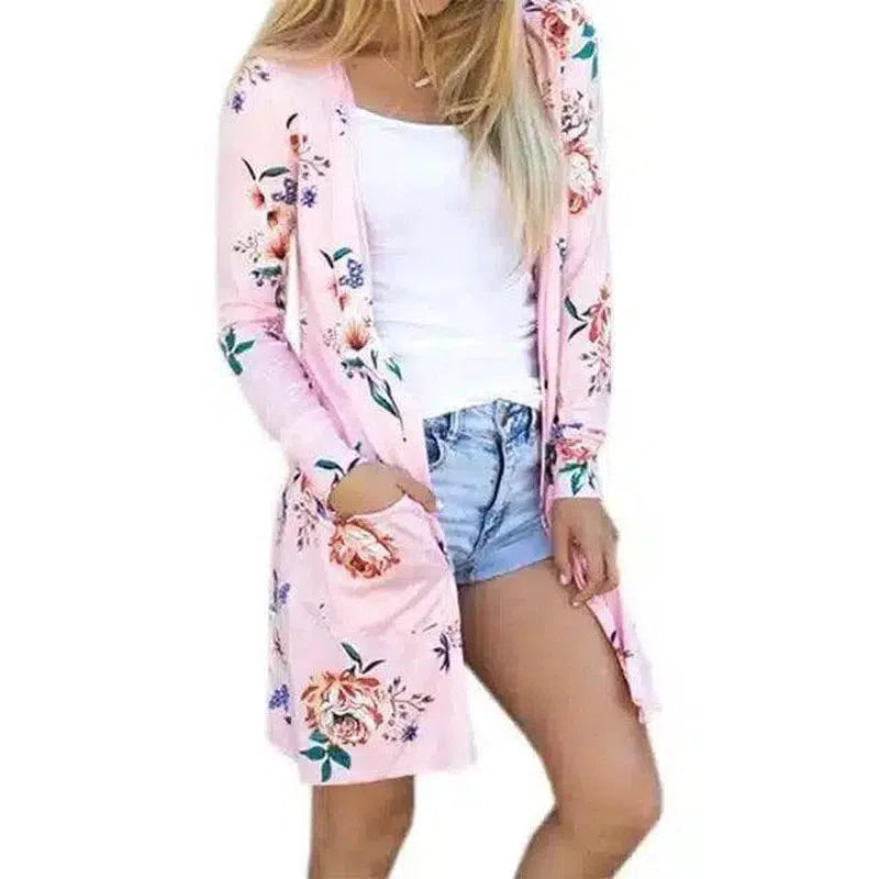 Floral Ladies Jacket - Longline Cardigan-Pink A-2