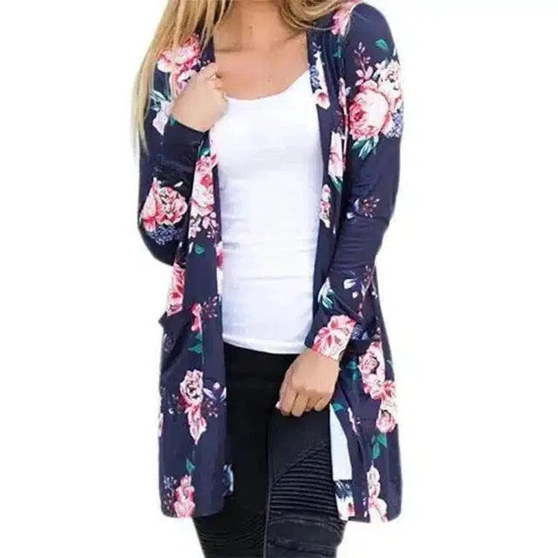 Floral Ladies Jacket - Longline Cardigan-Navy Blue A-6