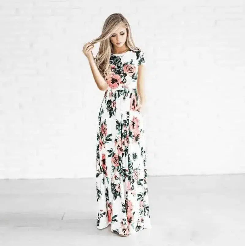 Women's Flower Printing Maxi Dress-White-11