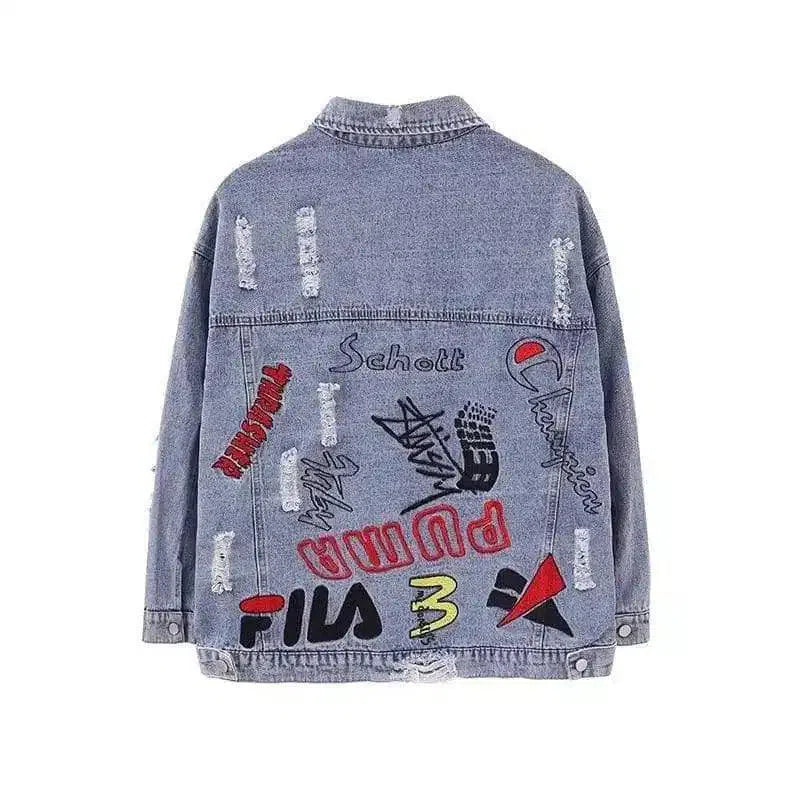 Oversized Embroidered Denim Jacket-Blue-2