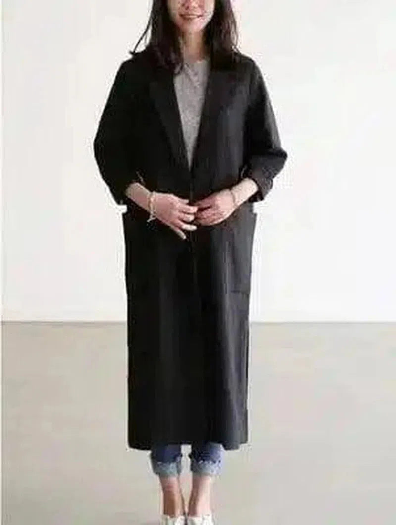 Women's Long Sleeve Trench Coat-Black-2