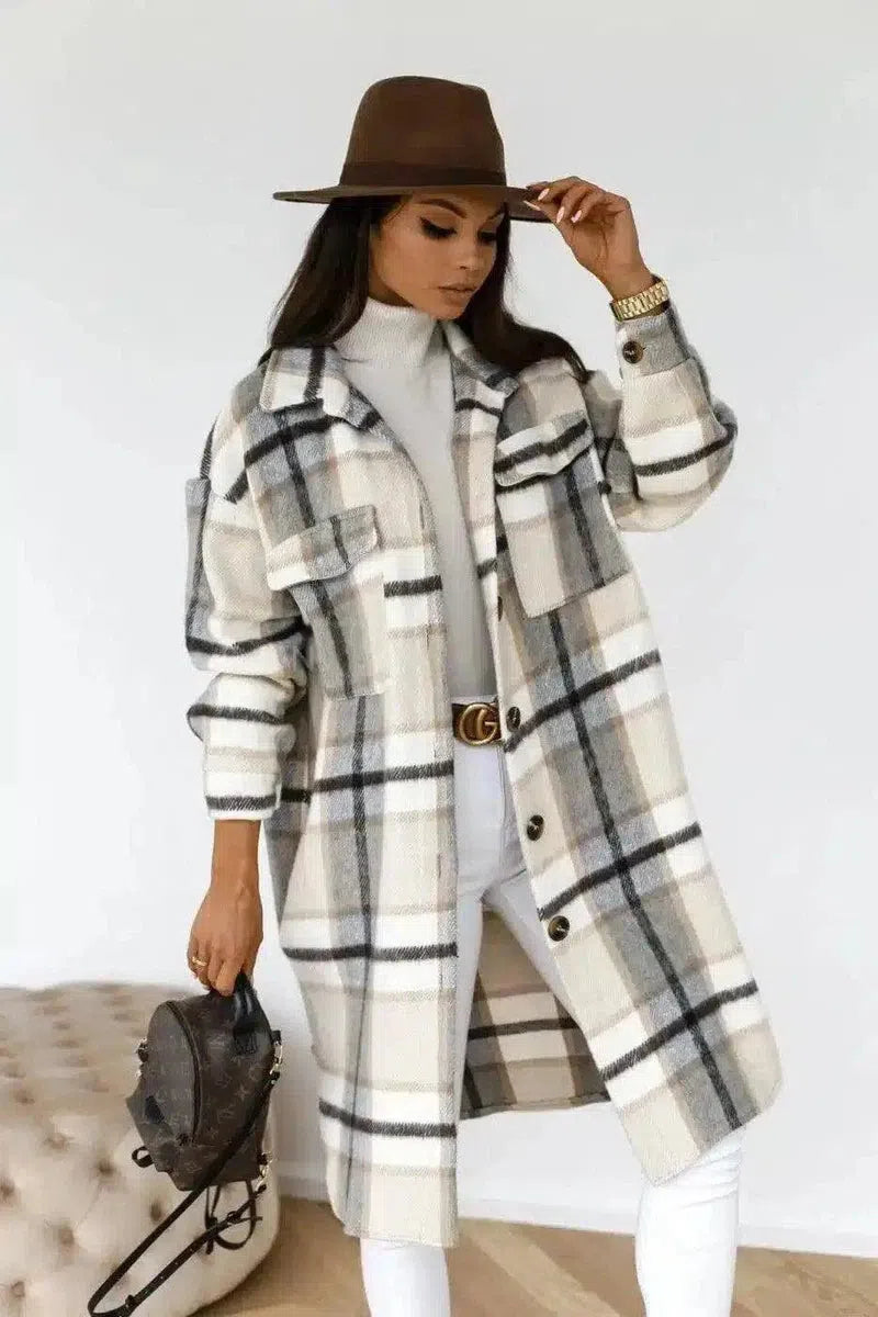 Plaid Wool Blend Long Coat for Women-White and grey-7