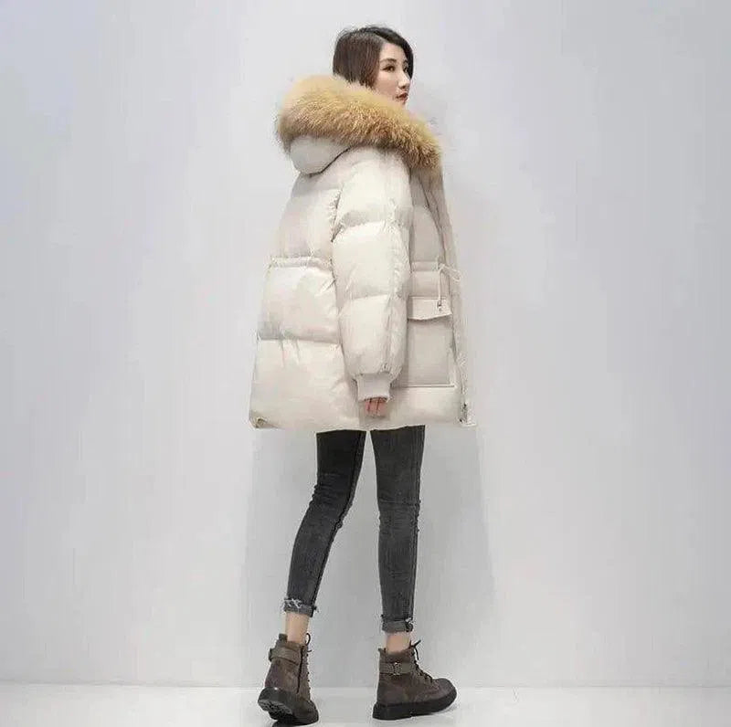 Winter Puffer Jacket with Faux Fur Hood-Off white-1