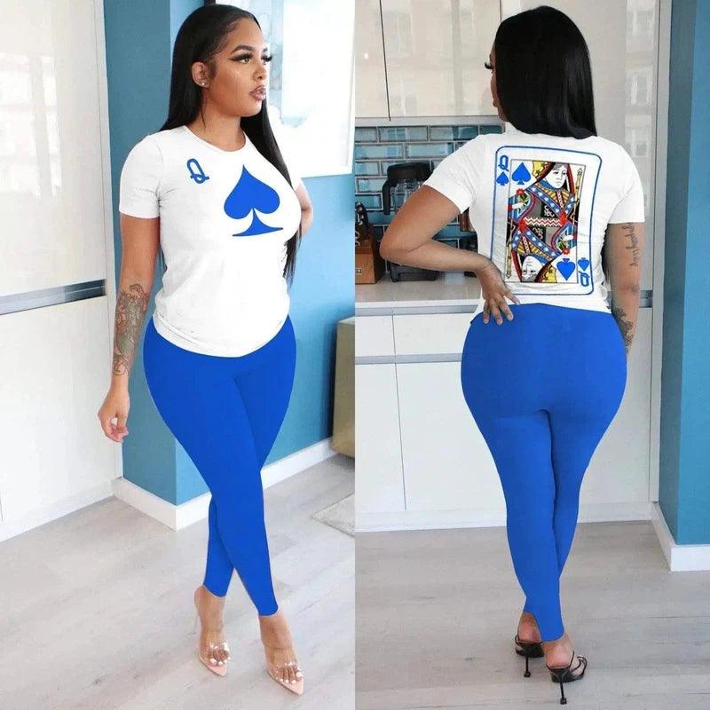 Fitted Women's Tee and Leggings Set-Blue-4