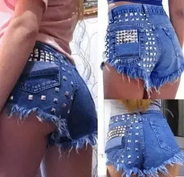 Women's ripped jeans baggy shorts rivet hot pants-11