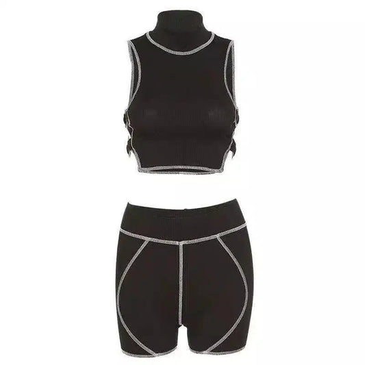 High-Waist Compression Shorts & Vest Set-Black-1