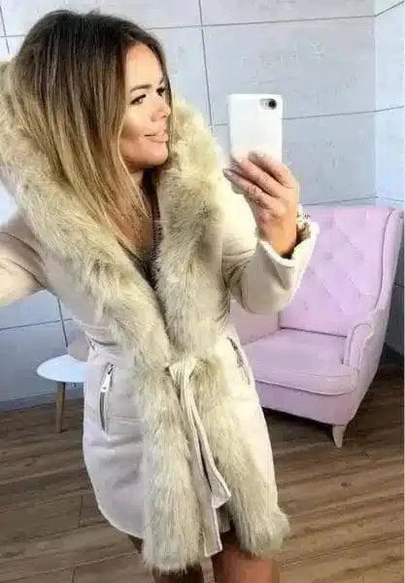Winter Faux Fur Trimmed Women's Coat-White-2