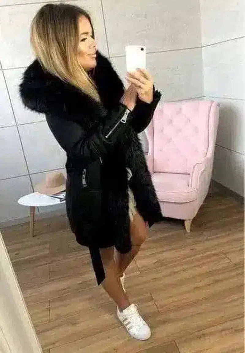 Winter Faux Fur Trimmed Women's Coat-Black-3