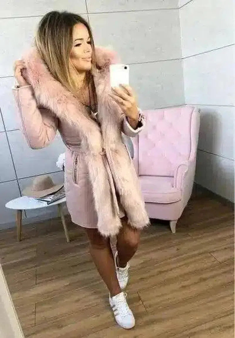 Winter Faux Fur Trimmed Women's Coat-Pink-4