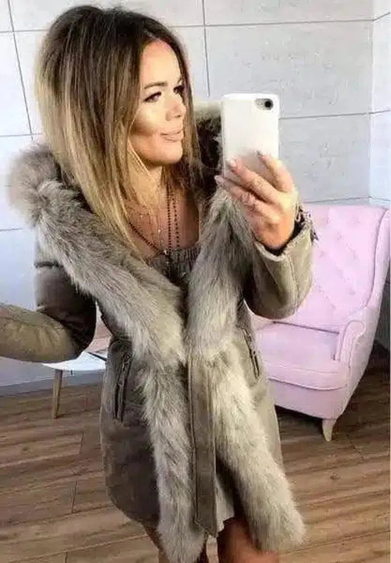 Winter Faux Fur Trimmed Women's Coat-Brown-5