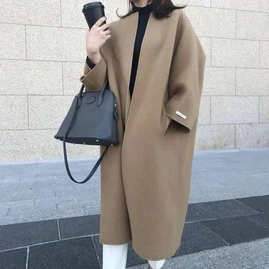 Women's Solid Color Straight Long Coat-Coffee-1