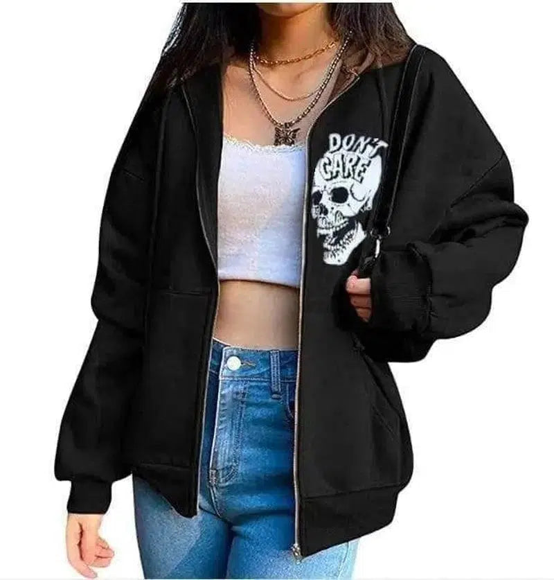 Women's Streetwear Hooded Jacket Skeleton Print Coat Loose-black skull-2