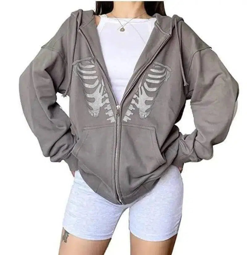 Women's Streetwear Hooded Jacket Skeleton Print Coat Loose-gray chest-3