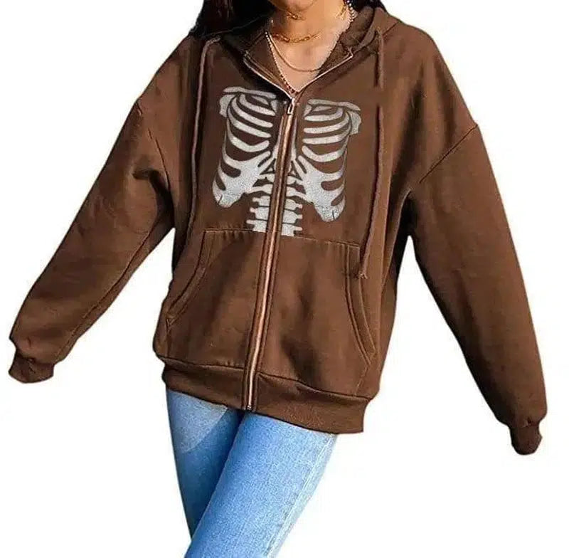 Women's Streetwear Hooded Jacket Skeleton Print Coat Loose-brown chest-4