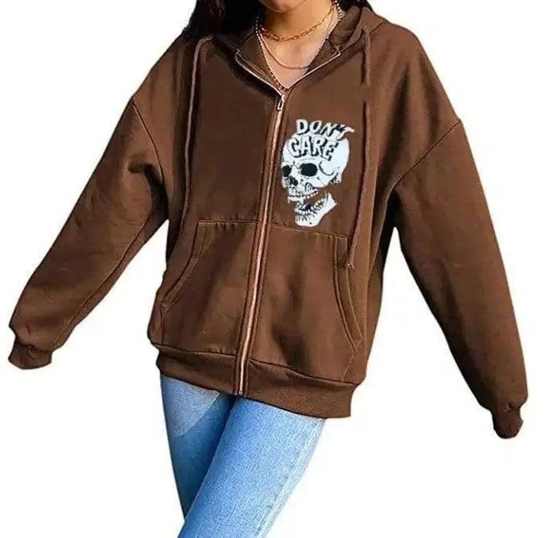Women's Streetwear Hooded Jacket Skeleton Print Coat Loose-brown skull-5