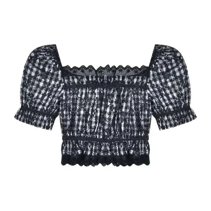 Women''s summer design with one shoulder wood ear Plaid-Plaid shirt-2