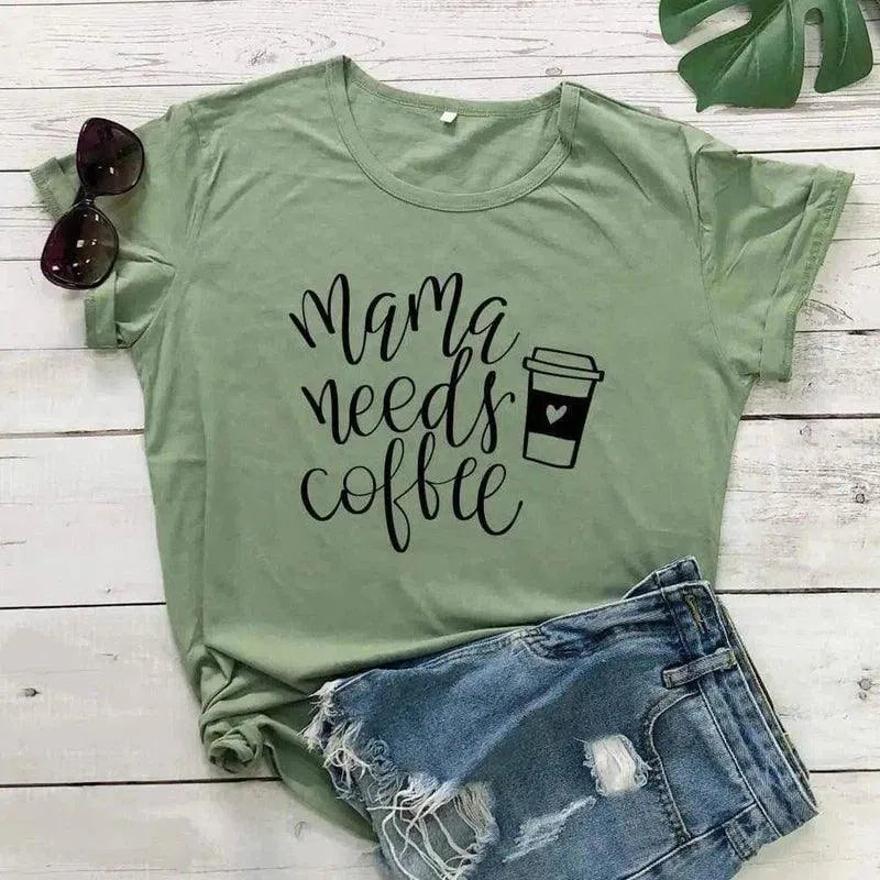 Casual Women's Coffee Slogan T-Shirt-Green-2