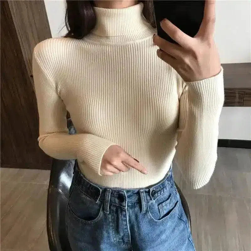 Women's Ribbed Turtleneck Sweater Slim Fit-Beige-1