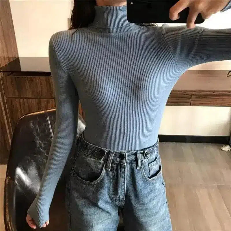 Women's Ribbed Turtleneck Sweater Slim Fit-Blue-5