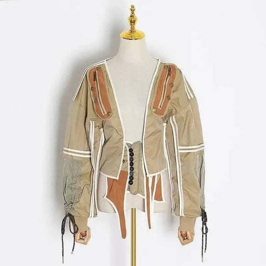 Women's waist tight machine jacket blouse-Khaki-1